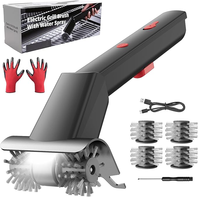 Electric Grill Brush, Cordless Rechargeable Grill Cleaner with LED Light & Water Spray, BBQ Cleaning Brush with 2 Speeds, 304 Stainless Steel Heat Resistant Grill Brush for Outdoor Camping & Grilling