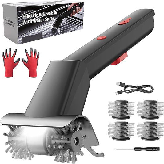 Electric Grill Brush, Cordless Rechargeable Grill Cleaner with LED Light & Water Spray, BBQ Cleaning Brush with 2 Speeds, 304 Stainless Steel Heat Resistant Grill Brush for Outdoor Camping & Grilling