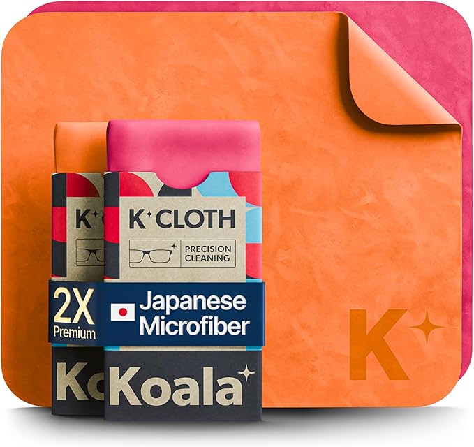 Koala Lens Cleaning Cloth | Japanese Microfiber | Glasses Cleaning Cloths | Eyeglass Lens Cleaner | Eyeglasses, Camera, VR/AR Headset, and Screen Cleaner | Pink & Orange (Pack of 2)