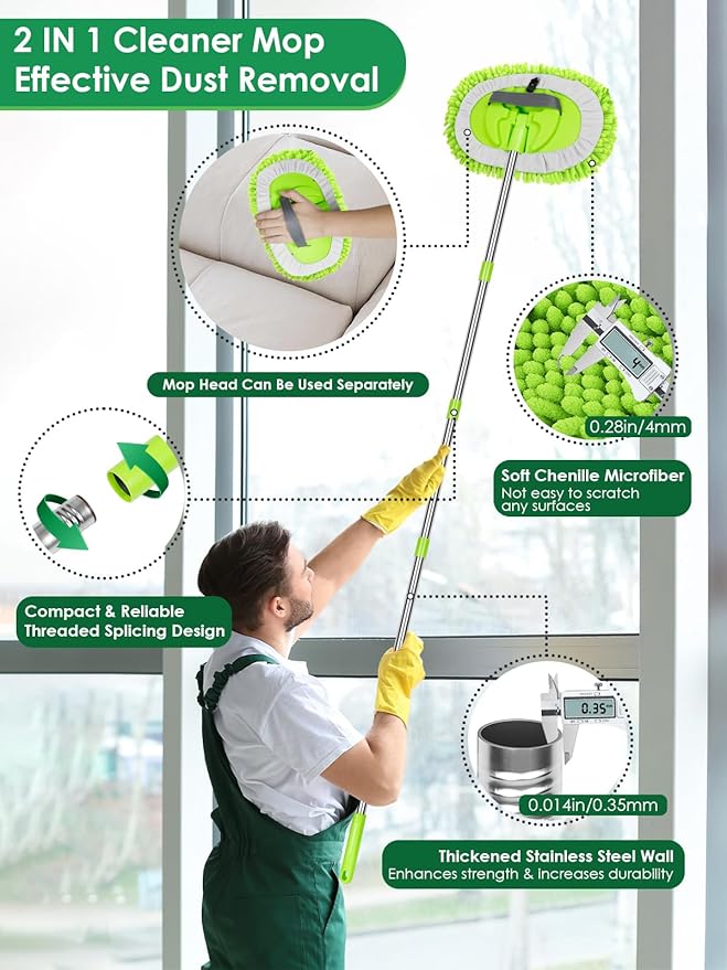 2 in 1 Lightweight Wall Cleaner Mop with Long Handle 75" 190cm Ceiling Duster Lint-Free Chenille Fiber Mop for Kitchen Baseboard Floor Glass Window Roof Cleaning Washer Scrubber Brush Tool Wet Dry Use