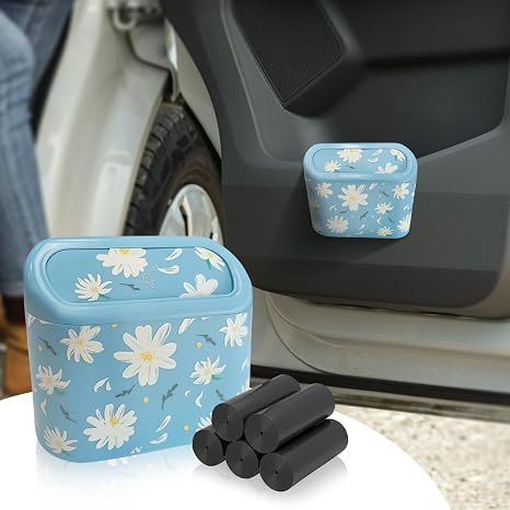 Mini Car Trash Can with Lid – Cute Floral Trash Can for Women, Automotive Garbage Bin with 5 Bags, Organizer for Front a