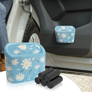 Mini Car Trash Can with Lid – Cute Floral Trash Can for Women, Automotive Garbage Bin with 5 Bags, Organizer for Front a