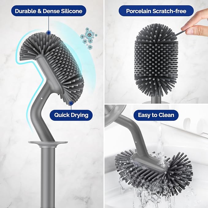 HAMITOR Toilet Bowl Brush Holder Set: Silicone Toilet Cleaner Brush with Curved Design Deep Cleaning Compact Hidden Scrubber for Bathroom Small Space - Modern Rv Toilet Decor Accessories - Gray