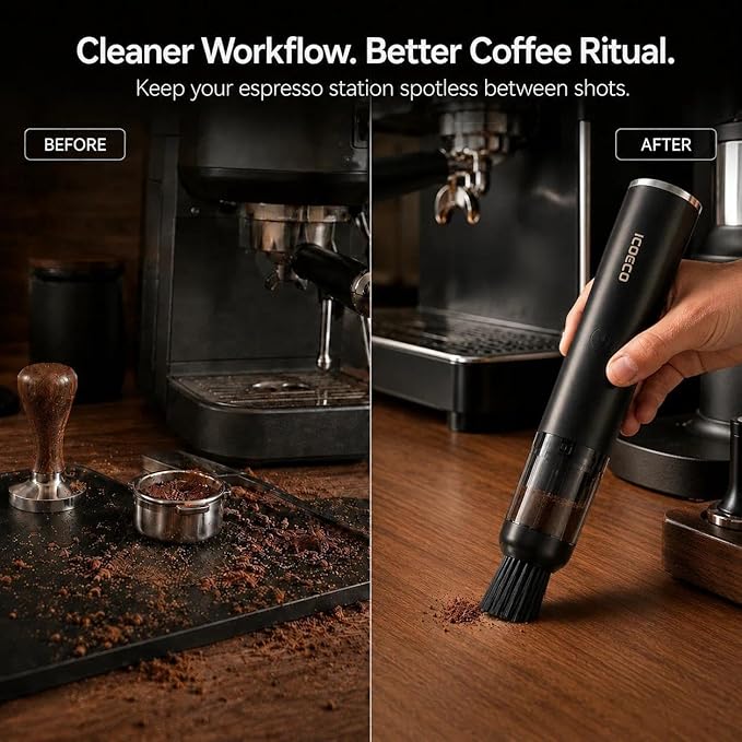 Coffee Grinder Vacuum Cleaner, Rechargeable Mini Vacuum for Coffee Grounds, Espresso Machine & Barista Station Cleaning Tool with 4 Attachments, Portable Desktop Cleaner for Home Baristas