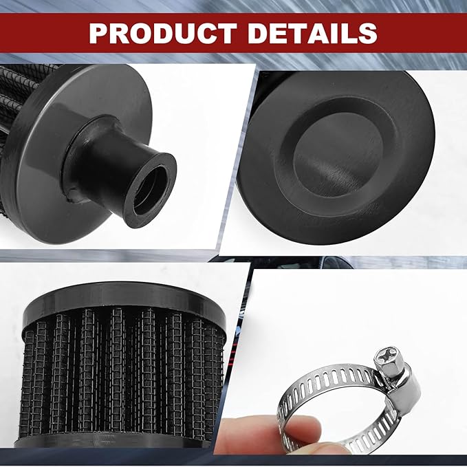 2 Pieces 12mm Universal Air Filter and Crankcase Breather Kit High Flow Cold Air Intake Filter, Turbo Vent Valve Cover Breather for Car Motorcycle Black
