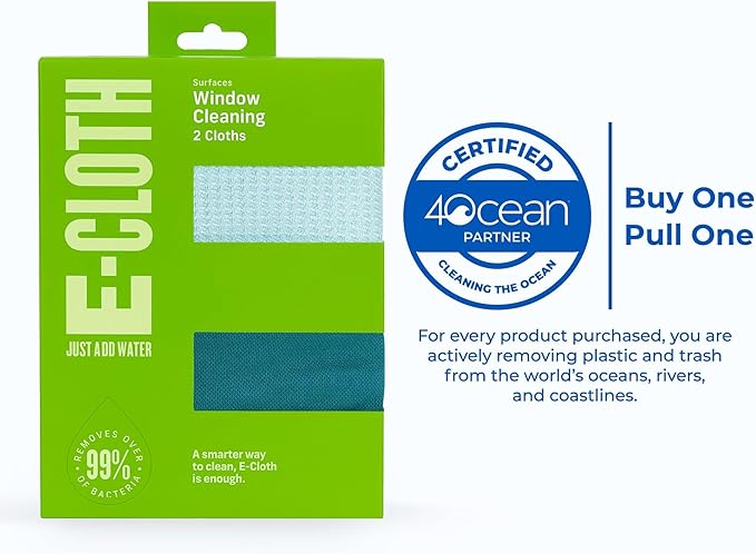 E-Cloth Window Cleaning Cloth - Eco Packaging - Glass Cleaning Cloth, Streak-Free Windows with Just Water, Microfiber Towel Kit for Windows, Car Windshield, Mirrors - Winter Green