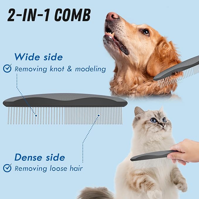 Docrok Pet Grooming Brush and Metal Comb Combo, Cat Brush Dog Brush for Shedding, Undercoat Rake for Dogs Grooming, Dematting Deshedding Brush Dogs Shedding Tool for Long matted Haired Pets, Gray