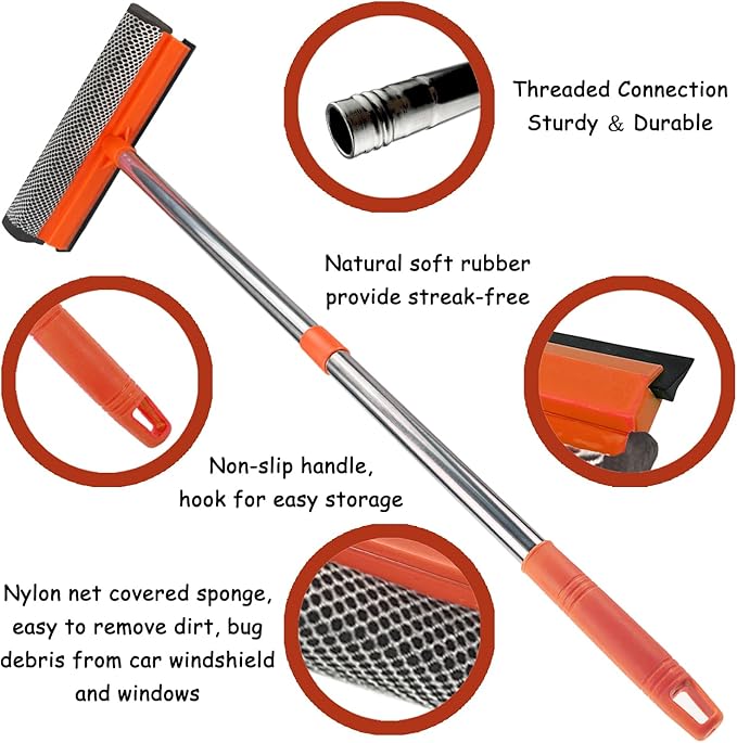 Window Squeegee for Window Cleaning, Squeegee Window Cleaner Tool 2 in 1 Car Window Cleaning Tool with Extension Pole 58‘’ Telescopic Window Washing Equipment, Shower Squeegee for Shower Glass Door