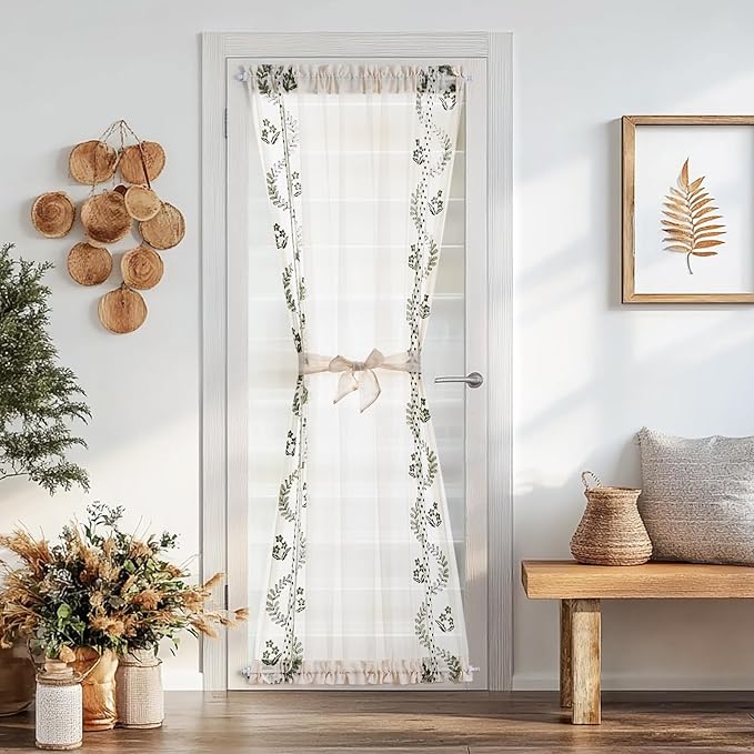 jinchan Belrose Sheer French Door Curtain Embroidered Farmhouse Linen Curtain for Patio Light Filtering Door Window Closet 72 Inches 1 Panel Green on Beige
