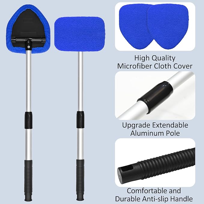 Beieverluck 20 Pieces Windshield Cleaner Tool, Inside Car Windshield Cleaning Tool with 12 Microfiber Pads, 4 Spray Bottle, and Extendable Handles Car Window Cleaning Tool Kit, Blue