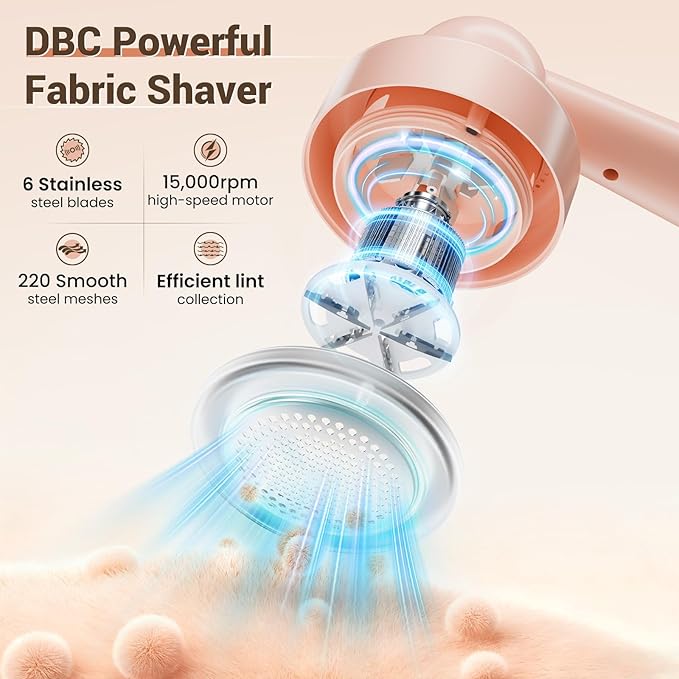 DBC Fabric Shaver & Lint Remover for Clothes, Sweaters & Furniture - 6-Leaf Blade, 3 Speeds, 2H Runtime, Portable Design Perfect for Travel, Includes 2 Extra Blades - Pink