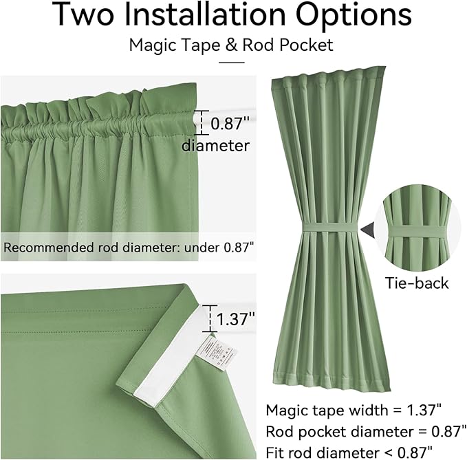 Vatge Privacy French Door Curtain - Thermal Insulated Self Adhesive Blackout Door Curtains with Tieback, 1 Panel, W25 x L54, Sage Green