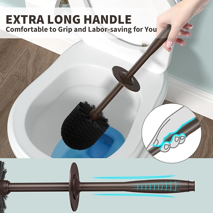 Toilet Brush, Toilet Bowl Brush with Extra Long Handle Durable Bristles Toilet Scrubber and Covered Holder for Toilet Brush Set for Bathroom Cleaning (Brown, 1 Set)