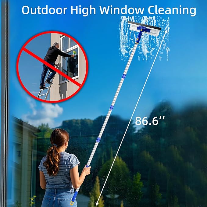 86.6" Window Squeegee Cleaner,2 in 1 Window Cleaning Tool Kit,Shower Squeegee with Extension Pole，Glass Cleaning Tools for Shower Glass,Indoor/Outdoor High Window Cleaning-Two Pads