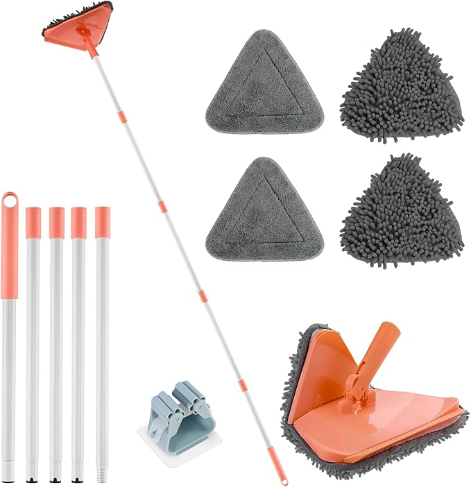 Wall Cleaner Triangle Mop with 82'' Long Handle - Wall Scrubber, Cleaning Washer Tool with 4 Microfiber Chenille Duster Pads for Clean Walls, Ceiling, Windows, Baseboards, Floors (Orange, 4 Pads)