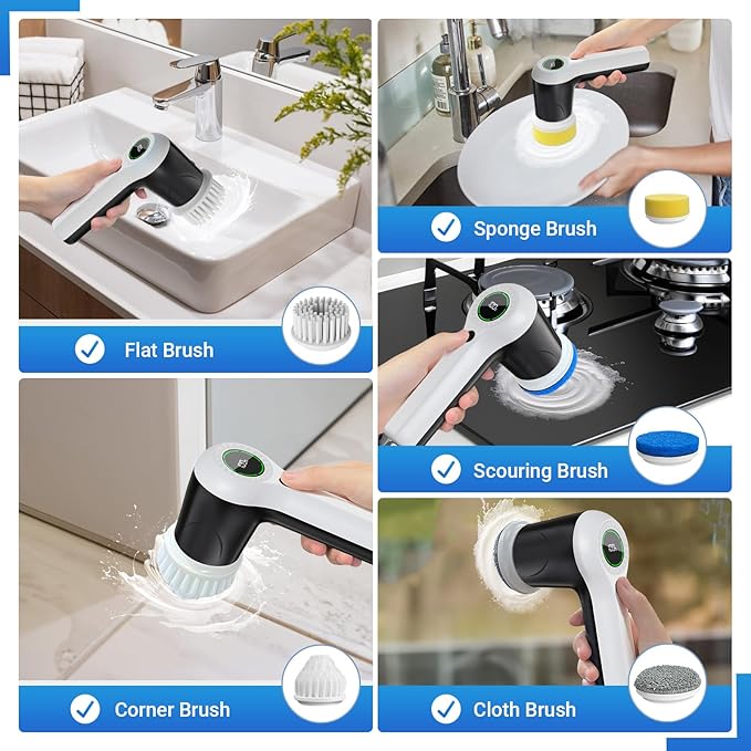 PUFTEM Electric Spin Scrubber, Cordless Shower Scrubber with Battery Level Display, 2 Speeds Electric Scrubber for Cleaning with 6 Replaceable Heads, Cleaning Brush for Bathroom/Sink/Window