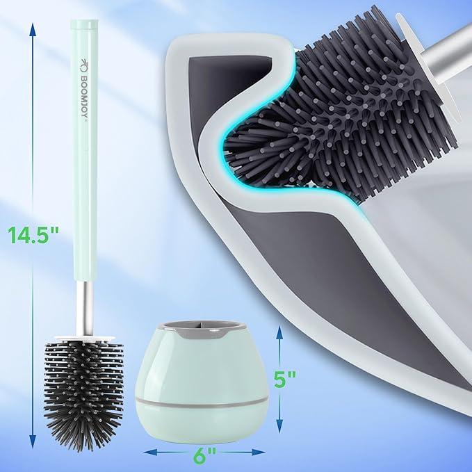 BOOMJOY Toilet Brush and Holder Set, Silicone Toilet Bowl Cleaner Brush, Toilet Scrubber Brush with Tweezers for Bathroom Cleaning, RV Accessories and House Organization Must-Haves - Green/Aqua
