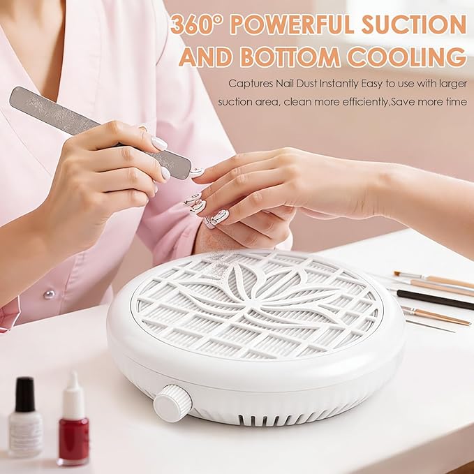 Nail Dust Collector for Nail Tech, 4500RPM Portable Nail Vacuum Fan with Adjustable Suction, 2Pcs Reusable Filter & Easy-Control for Beginners,Nail Students & Home Use, White