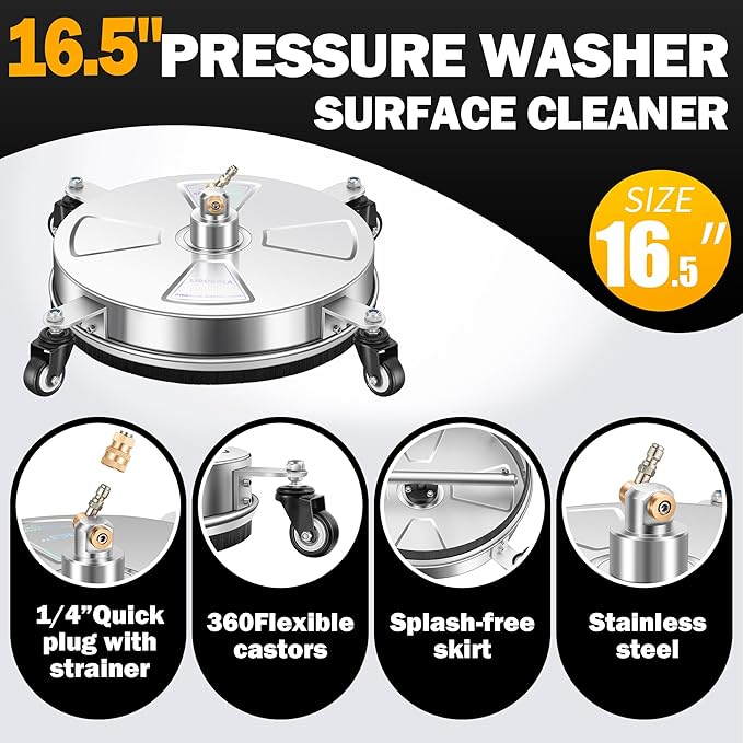 16" Pressure Washer Surface Cleaner with 4 Wheels - Stainless Steel Surface Cleaner for Pressure Washer Attachment for Concrete, Patio, Sidewalk, Deck, Driveways and Daily Washing - PWS 16