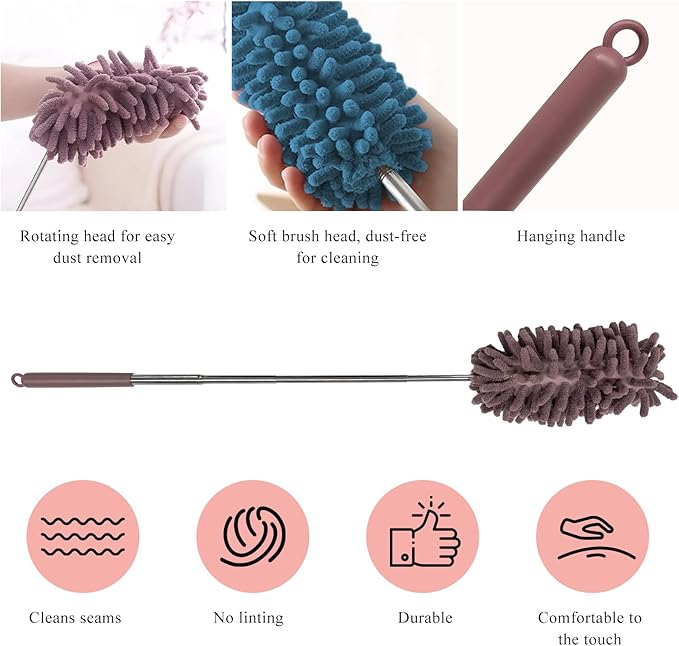 2PCS Car Interior Duster with Extension Pole, 11.8" to 30.5" Retractable Dusters Auto Dash Cleaning Tool, Soft Chenille Hand Washable Dusters for Car Window Furniture Office (Khaki)