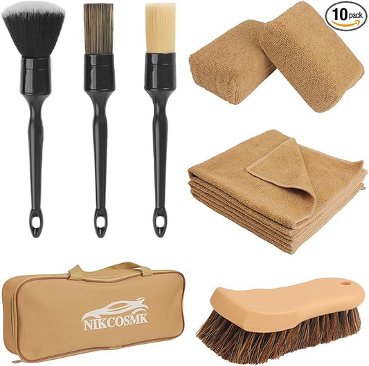 10PCS Car Cleaning Kit, Car Detailing Kit Interior Cleaner, Long Bristle Horse Hair Leather Cleaning Brush, Car Detailing Brushes, Microfiber Cloth & Applicator, Car Cleaning Supplies for Interior