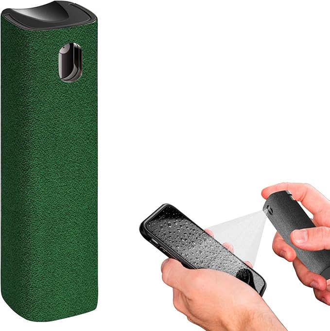 IO CLEAN Mini Screen Cleaner Spray – Finger Proof Screen Cleaner for Smartphones, iPads, MacBooks, Laptops, Car Screens, Touchscreens – 3in1 Mist Cleaner, Microfiber Cloth and Cover (Dark Green)