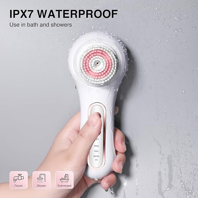 UMICKOO Electric Facial Cleansing Brush, 2-Way Rotating Face Scrubber for Daily & Deep Cleaning, 3 Modes, 5 Brush Heads, Rechargeable, IPX7 Waterproof for All Skin Types