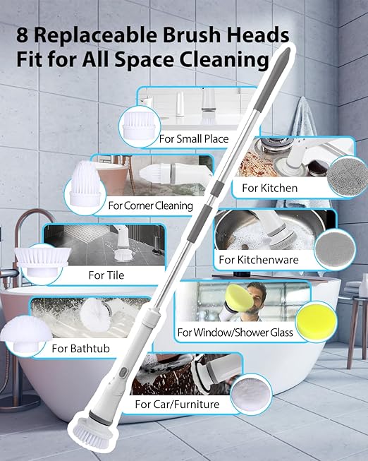 UBeesize Electric Spin Scrubber,Long Cordless Cleaning Brush,Rotatable Shower Scrubber with 8 Replaceable Heads,Adjustable Detachable Handle Bathroom Scrubber for Bathtub,Tile,Floor and Car Cleaning