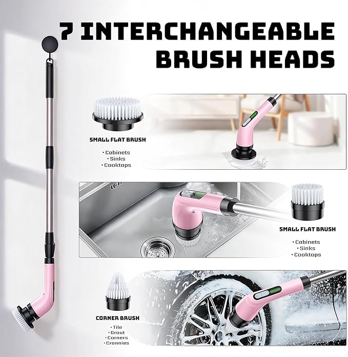 Highyes Electric Spin Scrubber for Cleaning Bathroom: Cordless Power Shower Scrubber - Electric Cleaning Brush for Tile Tub - Pink