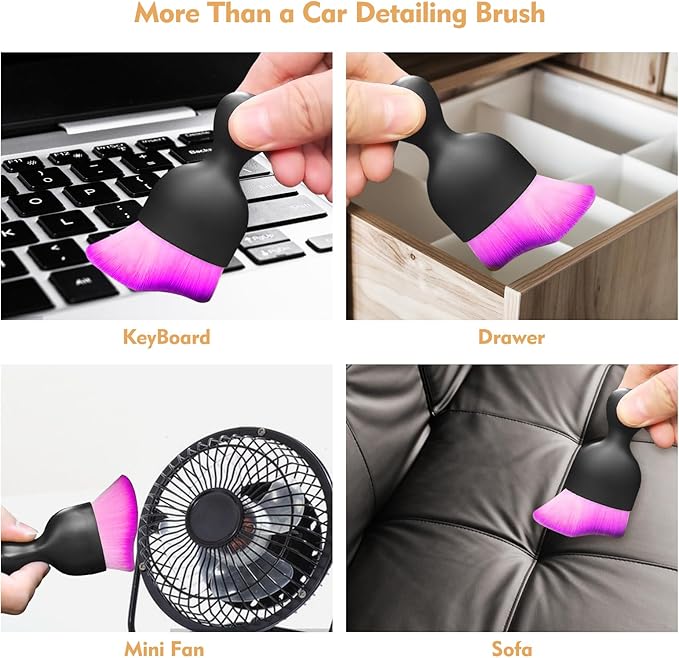 Car Interior Cleaning Brush Car Duster Interior with Ultra Soft Bristles Auto Detailing Brushes Dusting Car Accessories for Dashboard, AC Vents, Leather, Scratch-Free (Double Purple)