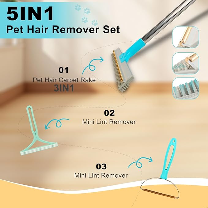 Vivifying Carpet Rake Pet Hair Remover Set, 56” Adjustable Long Handle Plus 2 Handheld Tools, Deep Cleans Pet Hair from Carpets, Rugs, Mats & Upholstery
