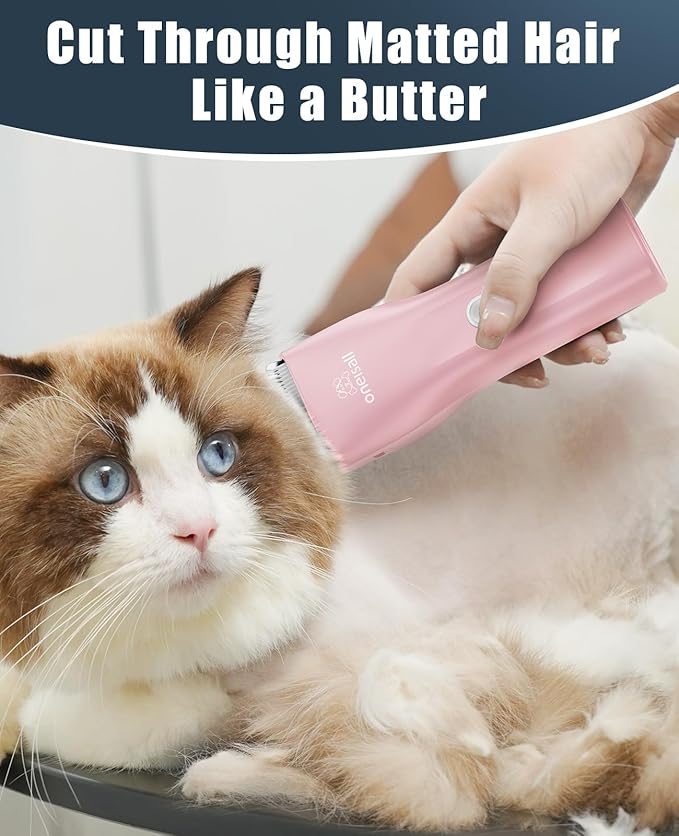 oneisall Pet Clipper for Cat Matted Hair, Pet Shaver for Cats Quiet Pet Clippers Waterproof Cordless Cat Clippers for Matted Long Hair with Storage Bag (Pink)