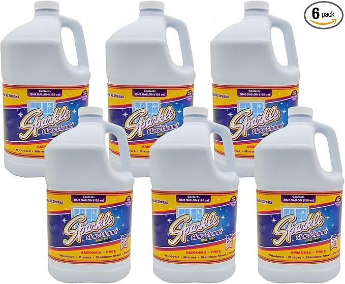 Sparkle Glass Cleaner Refill 1 Gallon (128 Fl Oz) – Ammonia-Free Heavy Duty Streak-Free Formula for Windows, Mirrors & Glass (Pack of 6)