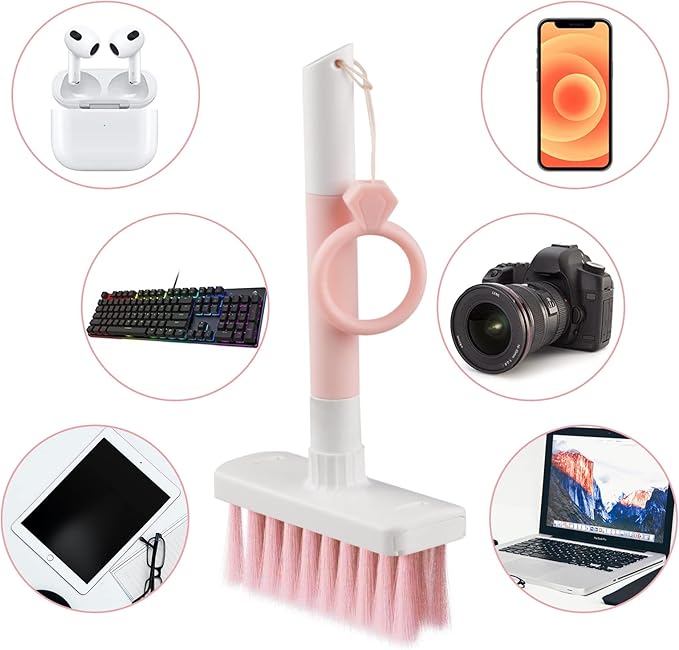Soft Brush Keyboard Cleaner, Computer Cleaning Tool Kit, 7 in 1 Multipurpose Corner Slit Duster Keycap Puller and Soft Microfiber Brush for Bluetooth Headset Lego Airpods Laptop Camera Lens (Pink)