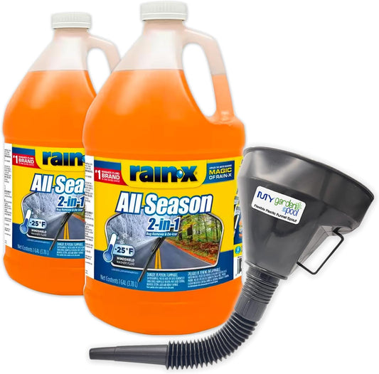 Rain-X 2-in-1 All Season Washer Fluid Two Pack, 2 x 1 Gallon - Ultimate Visibility, Protection Plastic Funnel Spout for Easy Pouring
