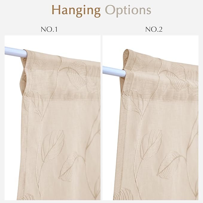 jinchan French Door Curtain Privacy Rustic Leaf Embroidered Semi Sheer Voile Front Curtain for Window Doorway Closet, Door Panel with Tieback Rod Pocket 1 Panel 55W x 40L Inch Beige