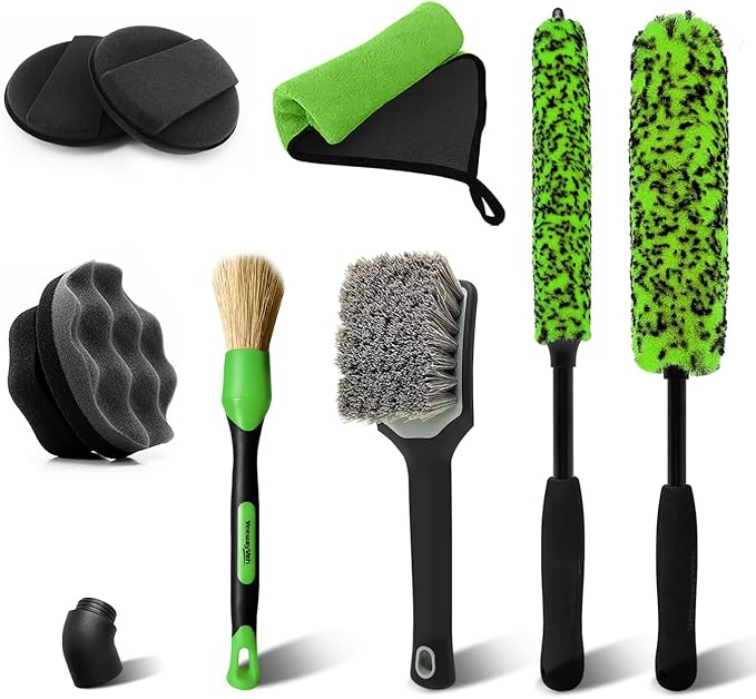 YeewayVeh 8PCS Ultimate Wheel and Tire Brush Kit | 2-Size 360° Bendable Rim Brushes, Boar Hair Detailing Brush, Tire Shine Applicators & Microfiber Towel | Complete Scratch-Free Cleaning & Shining Set