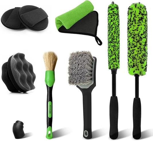 YeewayVeh 8PCS Ultimate Wheel and Tire Brush Kit | 2-Size 360° Bendable Rim Brushes, Boar Hair Detailing Brush, Tire Shine Applicators & Microfiber Towel | Complete Scratch-Free Cleaning & Shining Set