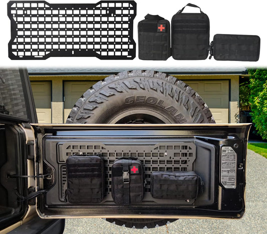 Tailgate Molle Panel Rear Doors Cargo Organizer Kit Interior Storage Metal Plate with 3 Storage Bags for 2007-2024 Jeep Wrangler JK & JL 4 Door, tailgate Tactical Panel Rear Door Cargo Organizer Kit