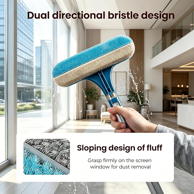 3 in 1 Window Screen Cleaner, Mesh Window Screen Cleaning Brush with Squeegee, Multi-Purpose Tool for Patio, Door and Porch Screens (Blue)