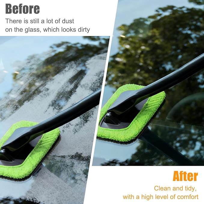 Car Windshield Cleaning Tool, Microfiber Vehicle Window Cleaner with 5 Washable Reusable Cloth Pad & 1 Spray Bottle, Automotive Glass Wiper Cleaning Kit Accessories, Universal Fit (Green)