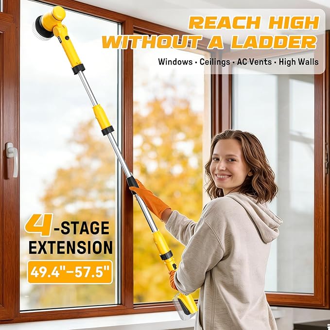 Electric Spin Scrubber Compatible with DeWalt 20V Battery, Ecarke Cordless Cleaning Brush with 4-Stage Handle, 8 Cleaning Heads for Bathroom/Floor/Kitchen/Tub/Tile, 2 Speeds – Tool Only