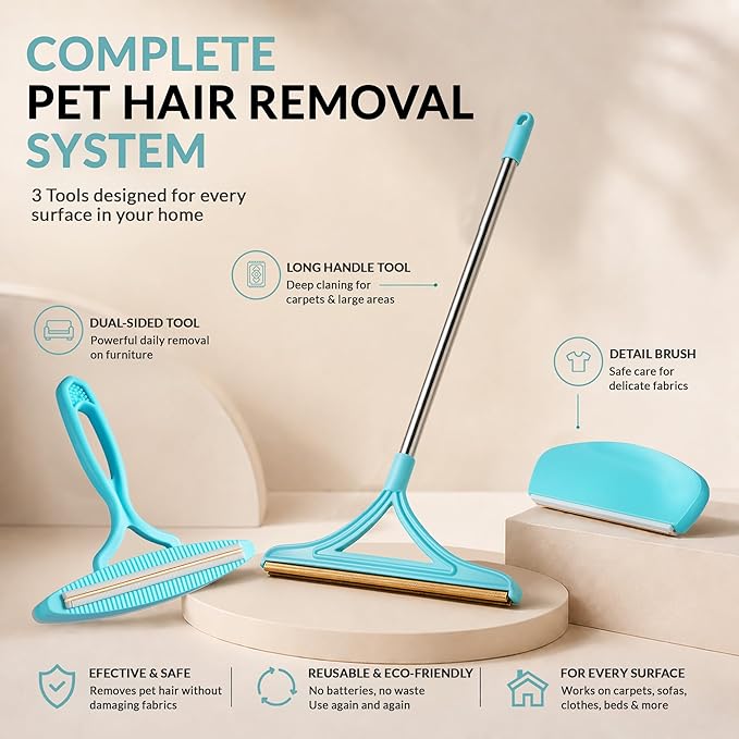 3 Pack Set Pet Hair Removal Tool – Reusable Carpet Rake Set with Long Handle, Dual-Sided Scraper & Detail Tool for Carpet, Furniture, Car & Embedded Dog & Cat Hair