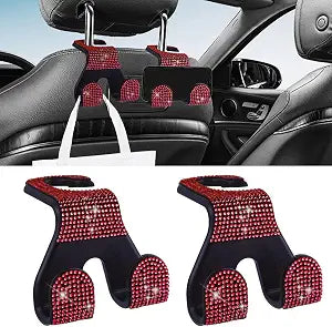 LAINLOY 2PCS Car Seat Headrest Hooks, Shiny Crystal Hanger Holder, Backseat Hanger Storage Organizer, Bling Rhinestone C