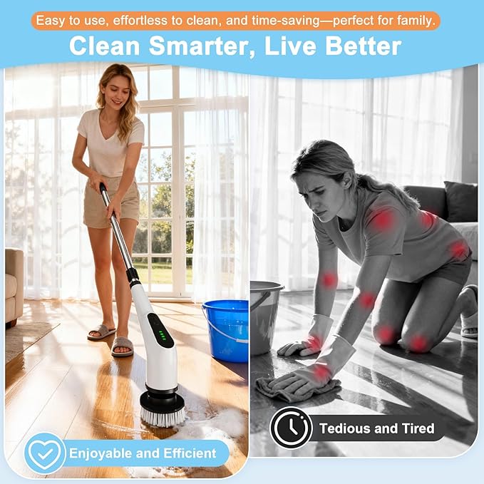 Electric Spin Scrubber, Cordless Cleaning Brush with 8 Replaceable Brush Heads, Shower Scrubber with Adjustable Extension Handle, Waterproof Power Scrubber for Bathroom Tile Floor Tub Car Walls