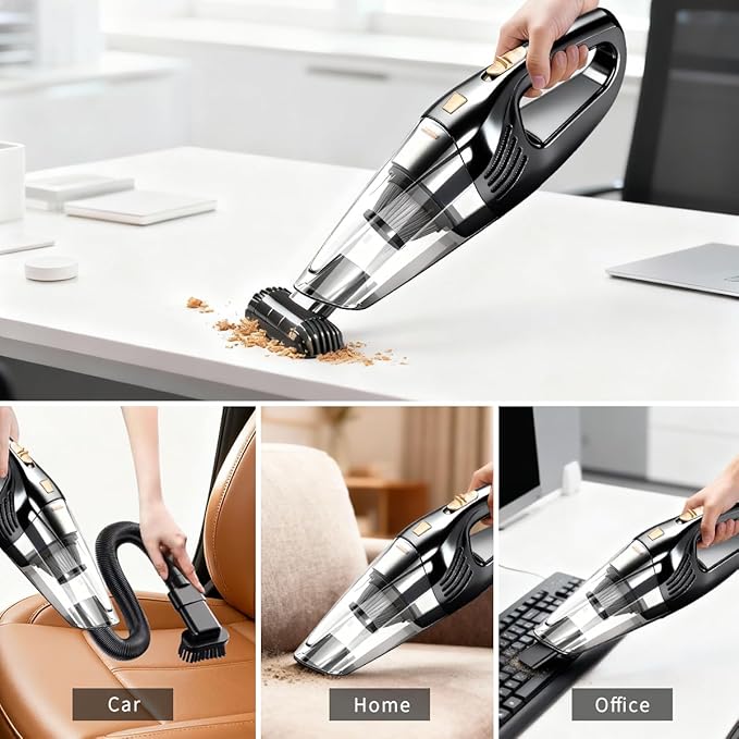 Car Vacuum Portable Cordless12000PA Strong Suction, Lightweight & Rechargeable Includes Multi-Nozzle Attachments for Car, Home, Office, and Pet Hair Compact (Black, Rechargeable)