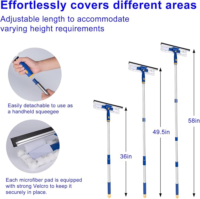 Squeegee for Window Cleaning with Extendable Pole, 53" 2-in-1 Window Cleaning Tool Kit, Shower Squeegee with Long Handle, Indoor/Outdoor High Window Cleaning-Two Pads