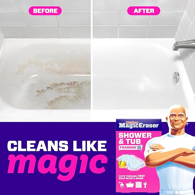Mr. Clean Magic Eraser Sponge, Bathroom, Shower, Tub Cleaner, Soap Scum Remover, Bathroom Cleaning Supplies, Dawn Cleaning Power with Lemon Scent, Shower & Tub, 6ct (Pack of 4)