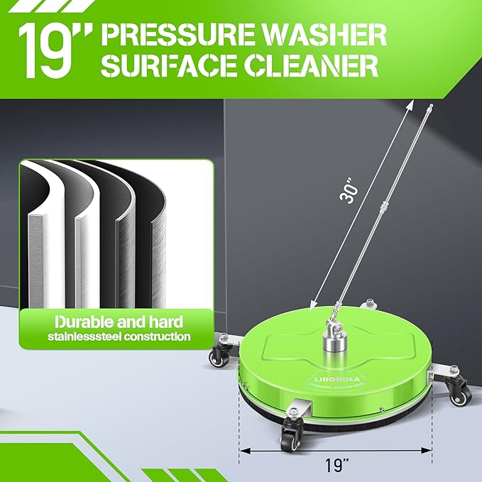 LidoDola 19'' Pressure Washer Surface Cleaner with 4 Wheels - Stainless Steel Surface Cleaner for Pressure Washer Attachment for Concrete, Driveway, Patio, Sidewalk, Deck and Driveways (19 INCH GREEN)