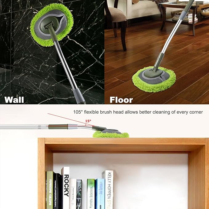 Wall Cleaner, Wall Cleaner Mop Green Mop for Walls Max 66’’ Wall Mop with Long Handle, Ceiling Dust Mop with 15°Labor-Saving Extension Pole, Green Wall Cleaner with Long Handle, Wall Washing Mop